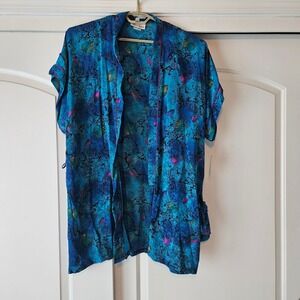 NWT Hidden‎ Fantasies Robe Womens Large Blue Kimono Belted Satin Peacock
